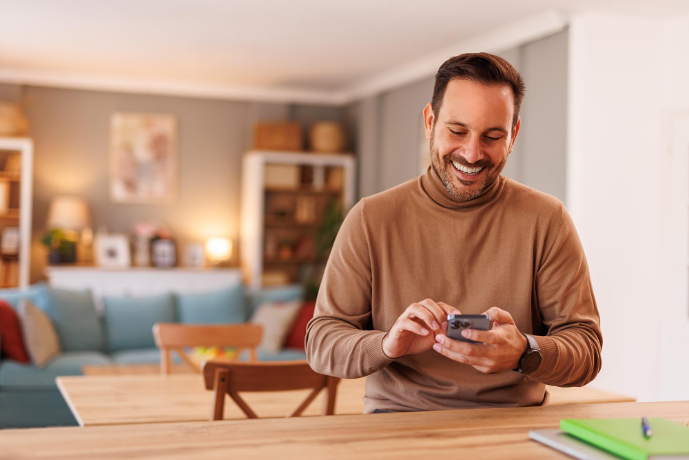 Homem sorrindo enquanto usa o celular, jogando um game para aprender inglês.