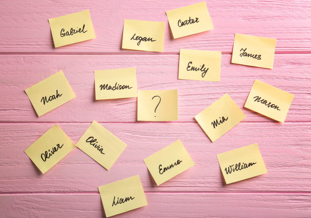 CartƵes com nomes populares como Gabriel, Emily, Oliver e William, representando opƧƵes de nomes de origem inglesa.