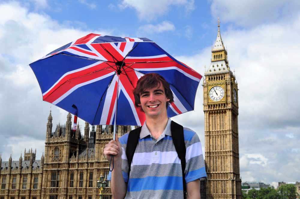 Turista com guarda-chuva da bandeira britânica em frente ao Big Ben, simbolizando a cultura e história dos nomes de origem inglesa.