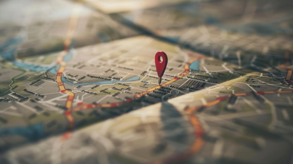 Mapa detalhado com um marcador vermelho indicando um local, ilustrando a importância de escolher a direção certa, como left ou right.